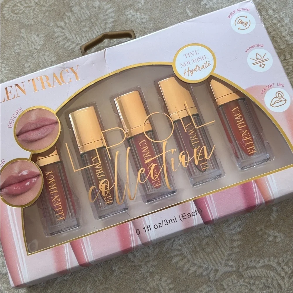 Brand New Ellen Tracy 5-Pack Lip Oil Collection Hydrating Tint Gloss Reds Pinks